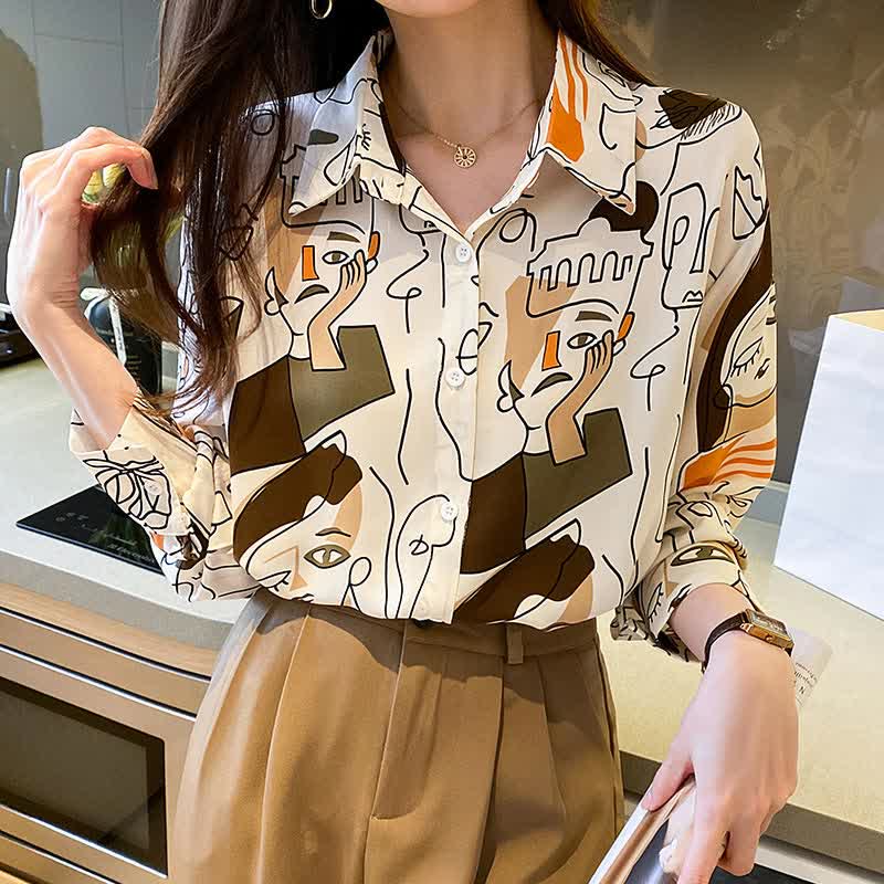 Color Abstract Graffiti Print Chiffon Shirt