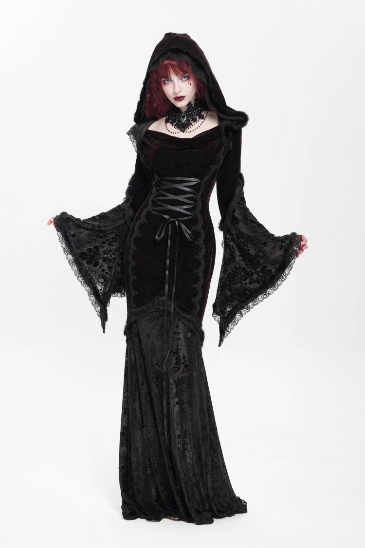 Trumpet Sleeve Embroidered Lace Hooded Mesh Gothic Dress