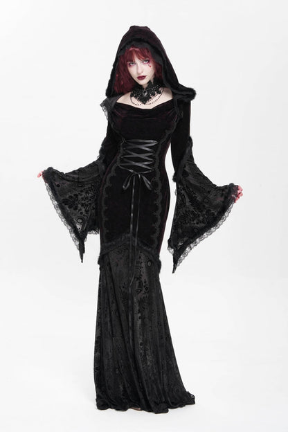 Trumpet Sleeve Embroidered Lace Hooded Mesh Gothic Dress