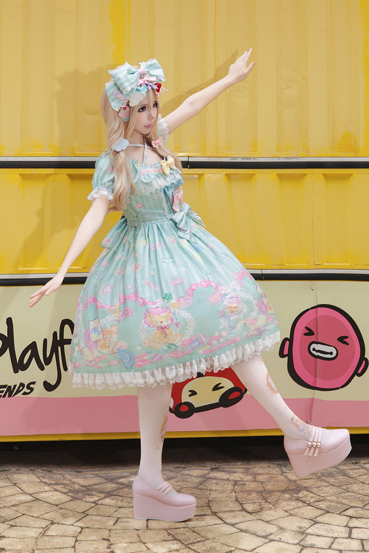 Macaron Dolly House Doll Collar Short Sleeves Print Bowknot Sweet Lolita Dress Colors