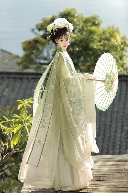 Emerald Song Dynasty Ruffled Hanfu Full Set - Silent Spring
