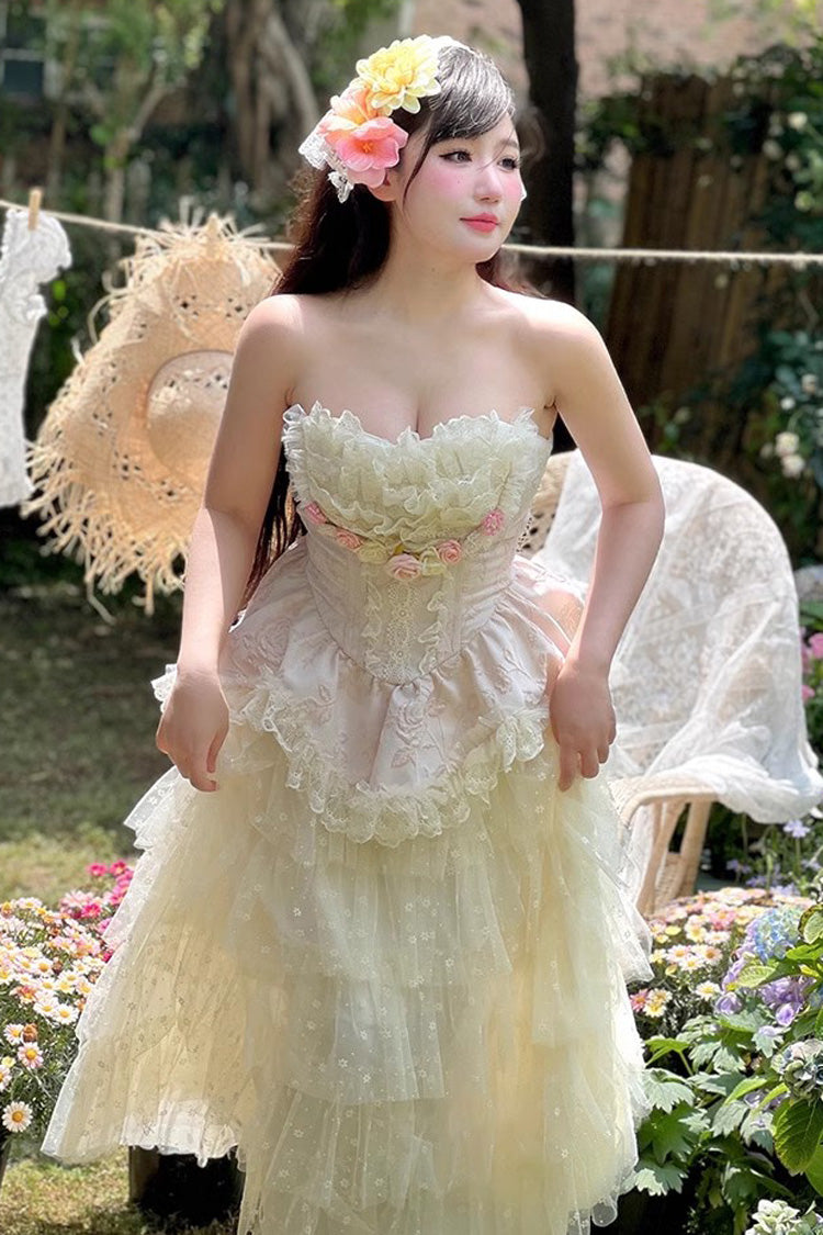 Pink Floral Love Ruffle Bow Lace Elegant Lolita Maxi Set