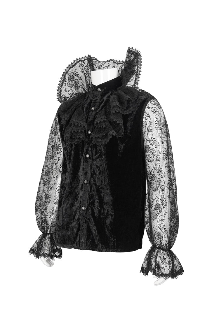 Men's Gothic Shirt with Lotus Leaf Collar and Sheer Lace