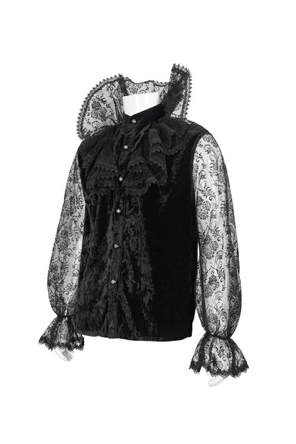 Men's Gothic Shirt with Lotus Leaf Collar and Sheer Lace