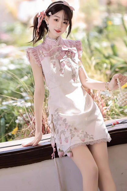 Lace Color-Blocked Chinese Style Sweet Dress - White/Pink Spring Strawberry