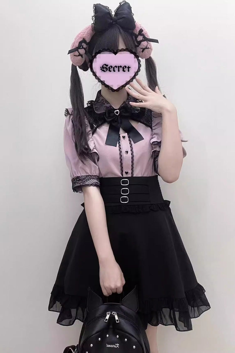 Short Sleeve Cutout Bow Lace Blouse Three Tones