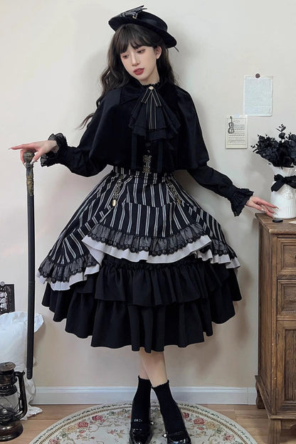 Black Manor Multi-layer Striped Ruffle Gothic Lolita Skirt
