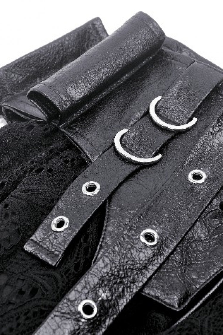 Lace-Up Punk Mini Skirt with Spliced Lace in Black Faux Leather