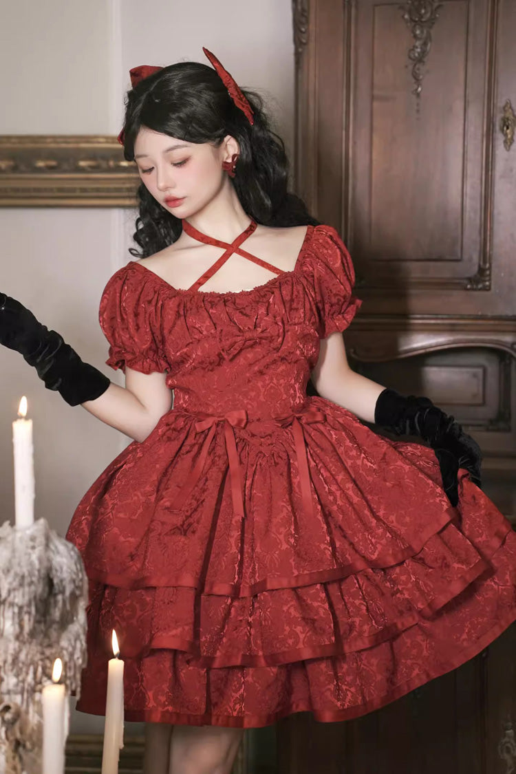 Crimson Thorned Rose Short Sleeve Multi-Layer Ruffle Bow Princess Lolita Dress