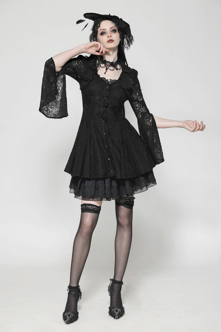Ebony Embroidered Lace Trumpet Sleeve Corset Dress - Gothic Honeymoon Gown