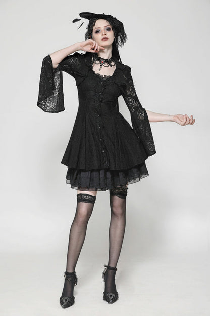 Ebony Embroidered Lace Trumpet Sleeve Corset Dress - Gothic Honeymoon Gown