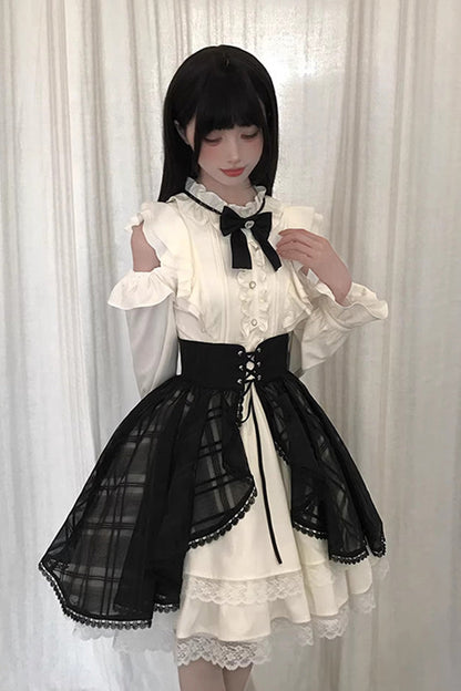 Black Beige Dark Chocolate Champagne Stand Collar Off Shoulder Long Sleeve Double Layer Ruffle Sweet Japanese Lolita Dress
