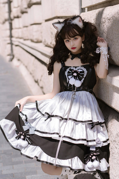 Black/White Sweet Lolita Triple-Layered Ruffle Bowknot JSK Dress