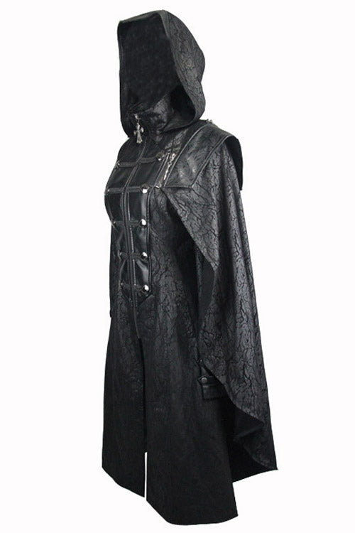 Hooded Shawl Collar Gothic Pattern Faux Leather Long Coat