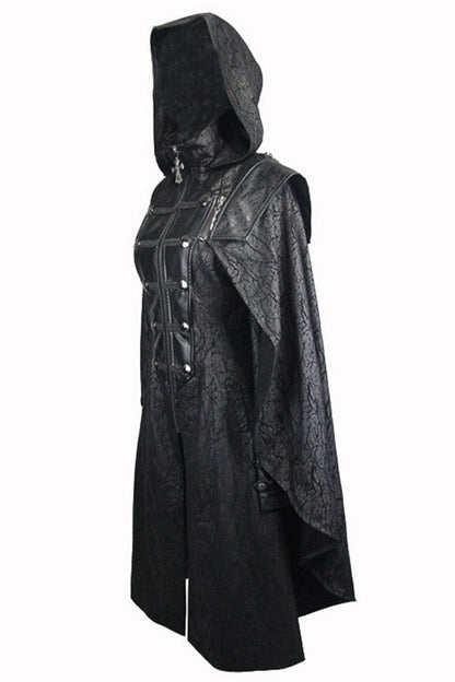 Hooded Shawl Collar Gothic Pattern Faux Leather Long Coat