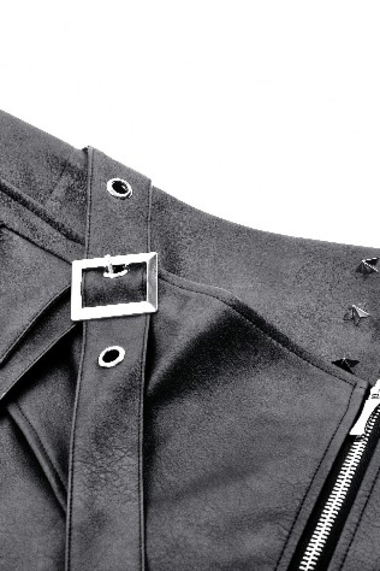 Punk Women's Short Skirt with Faux Leather Straps and Zippered Detail