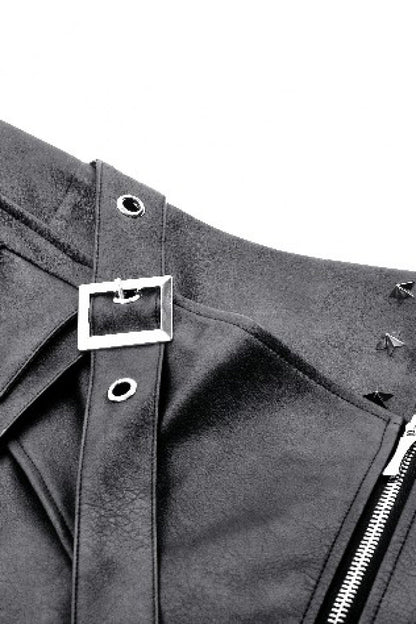 Punk Women's Short Skirt with Faux Leather Straps and Zippered Detail
