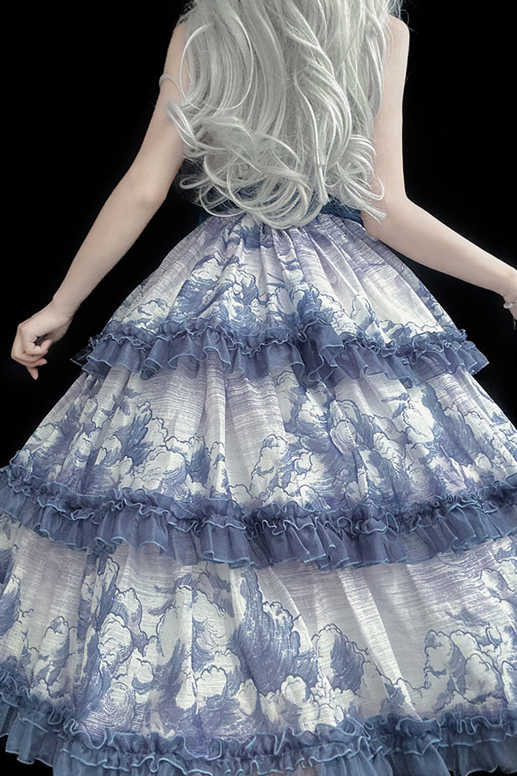 Multihued Layered Cloud Print Ribboned Lolita Jumper