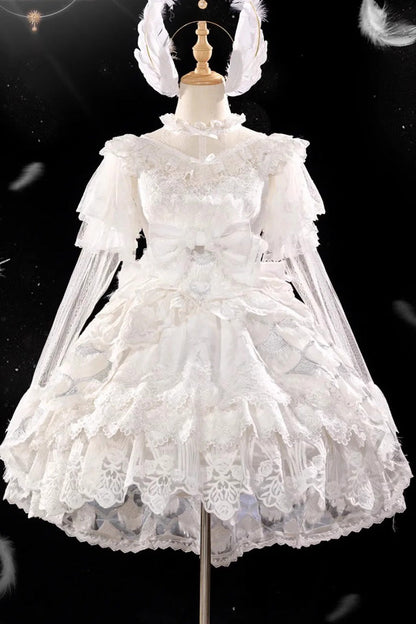 Ivory Peacock Feather Layered Ruffle Hanayome Cardigan Bow Lace Sweet Lolita Jsk Set
