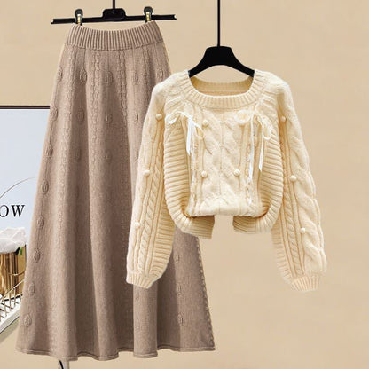 Set Skirt Cable Sweater Pills Decor Knit