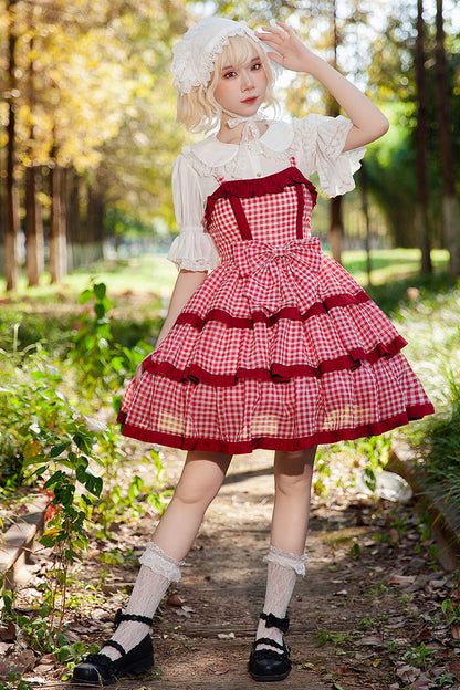 Scarlet Plaid Ruffle Bowknot Sweet Lolita Gown with Layered Design