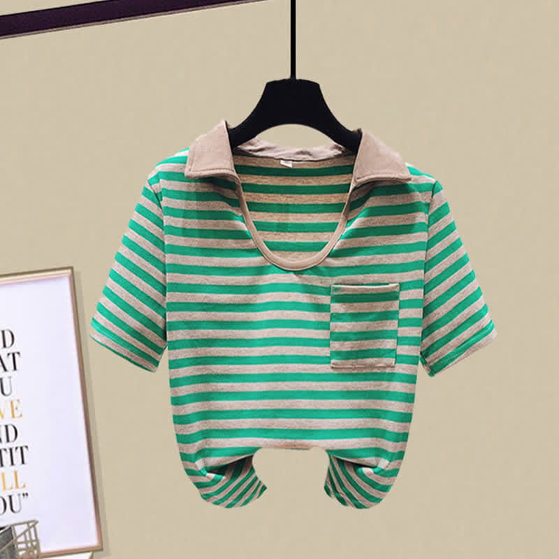 T-Shirt Stripe Denim Pocket Shorts Top Crop