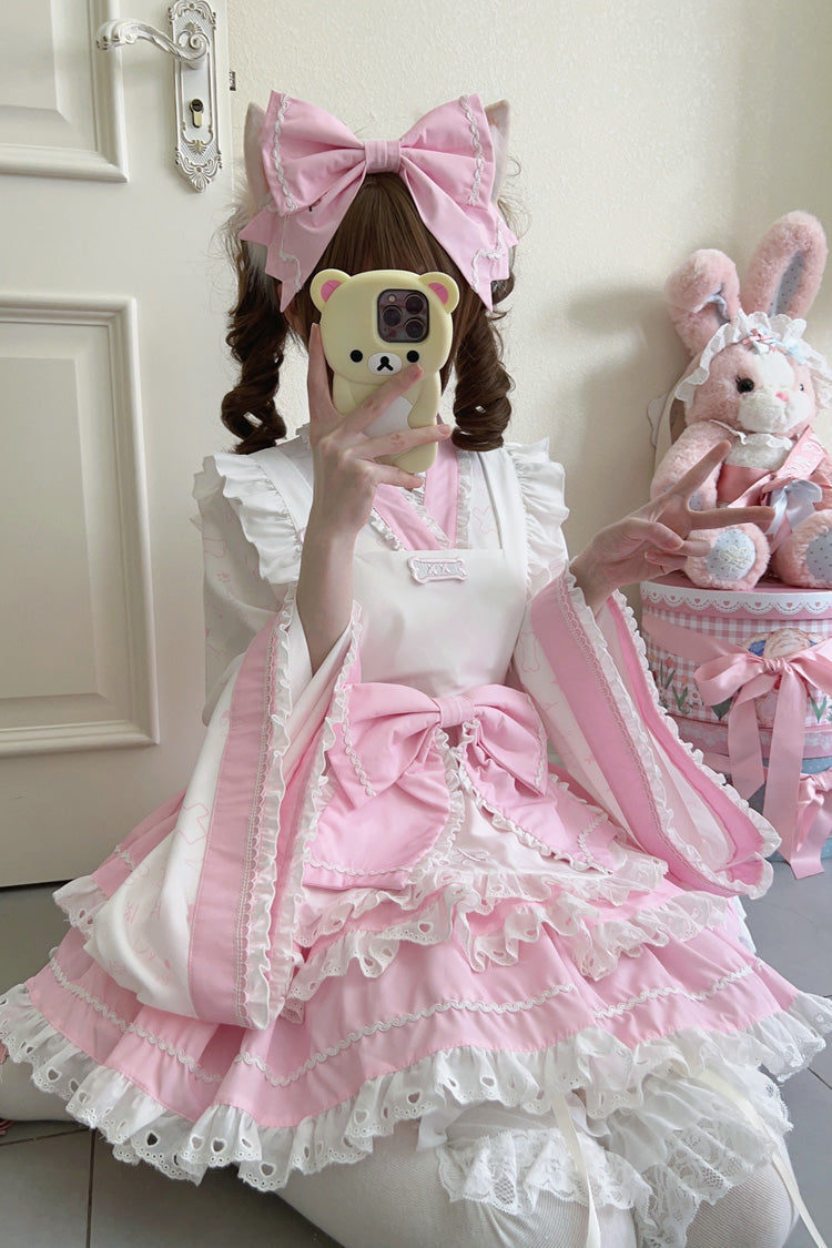 Pink White Double-Layer Ruffle Bow Maid Sweet Lolita Skirt Set