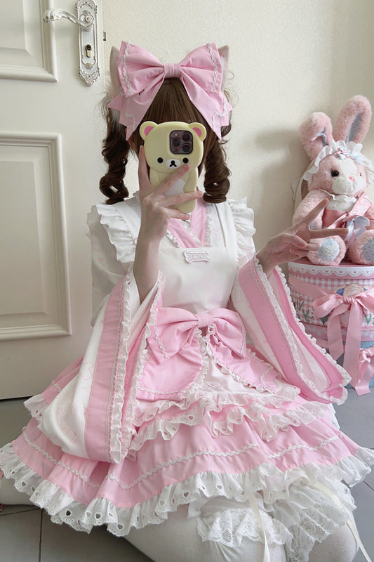 Pink White Double-Layer Ruffle Bow Maid Sweet Lolita Skirt Set