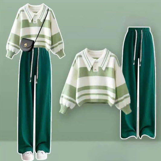 Green Stripe Colorblock Sweater Casual Pants Set