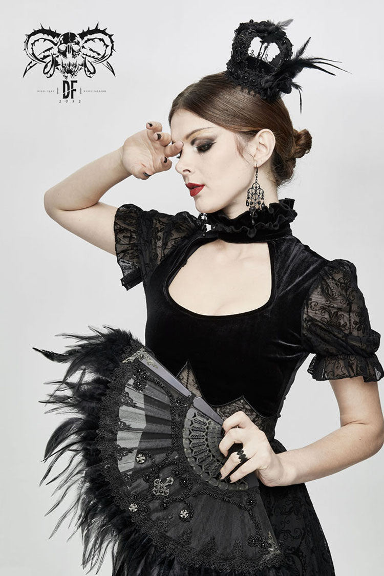 Gothic Crown Headwear with Feather Rose Lace Edging and Cross Accent