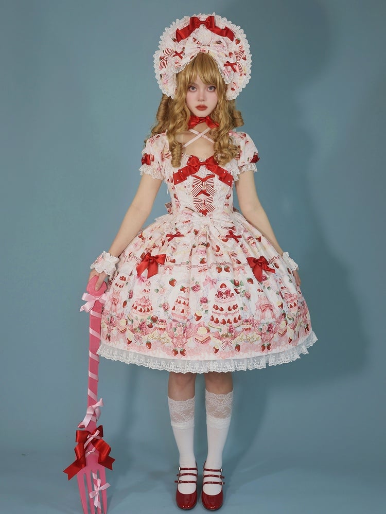 Strawberry Cake Print White Sweet Bow Accents Lolita Dress / Full Set