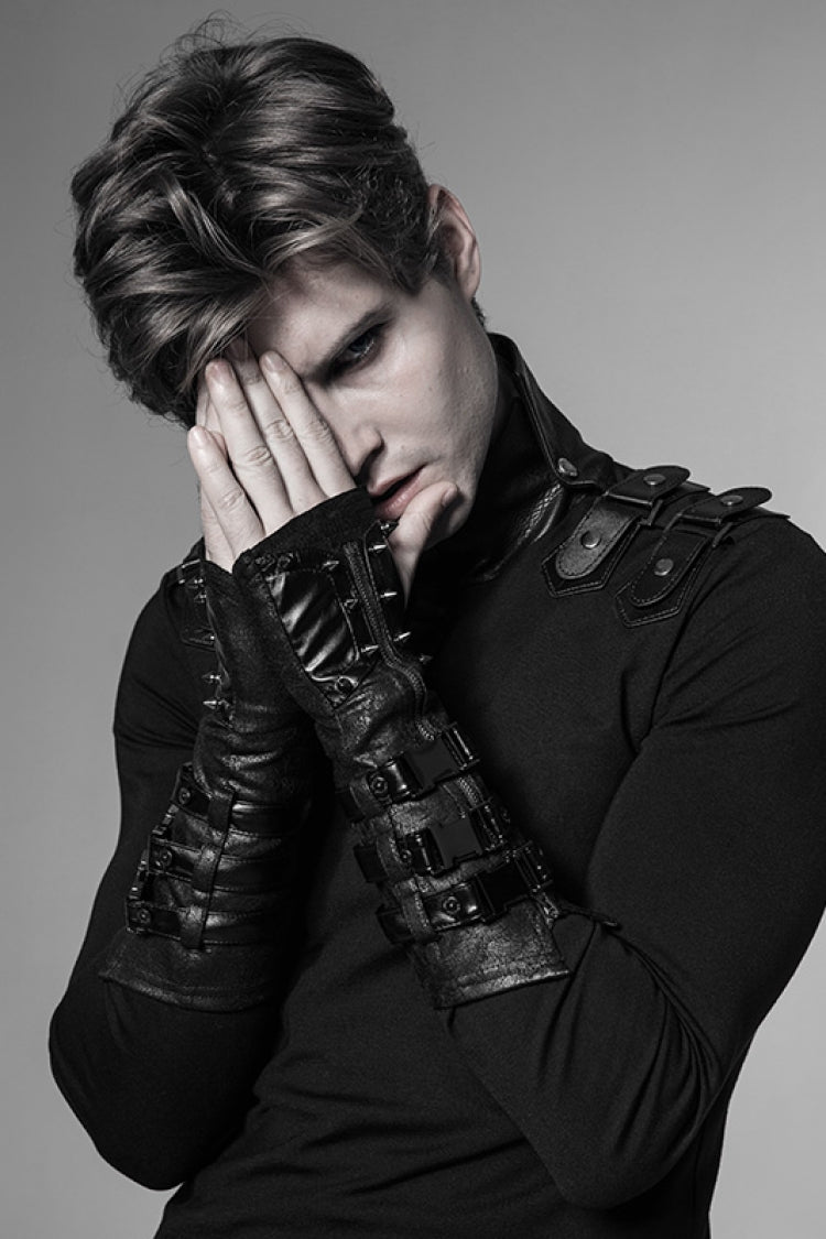 Men's Steampunk Gloves with Metal Rivet Buckle in Black Faux Leather