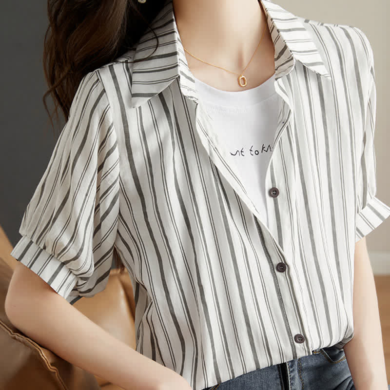 T-Shirt Stripe Pieces Denim Fake Pocketed Shorts Two Lapel