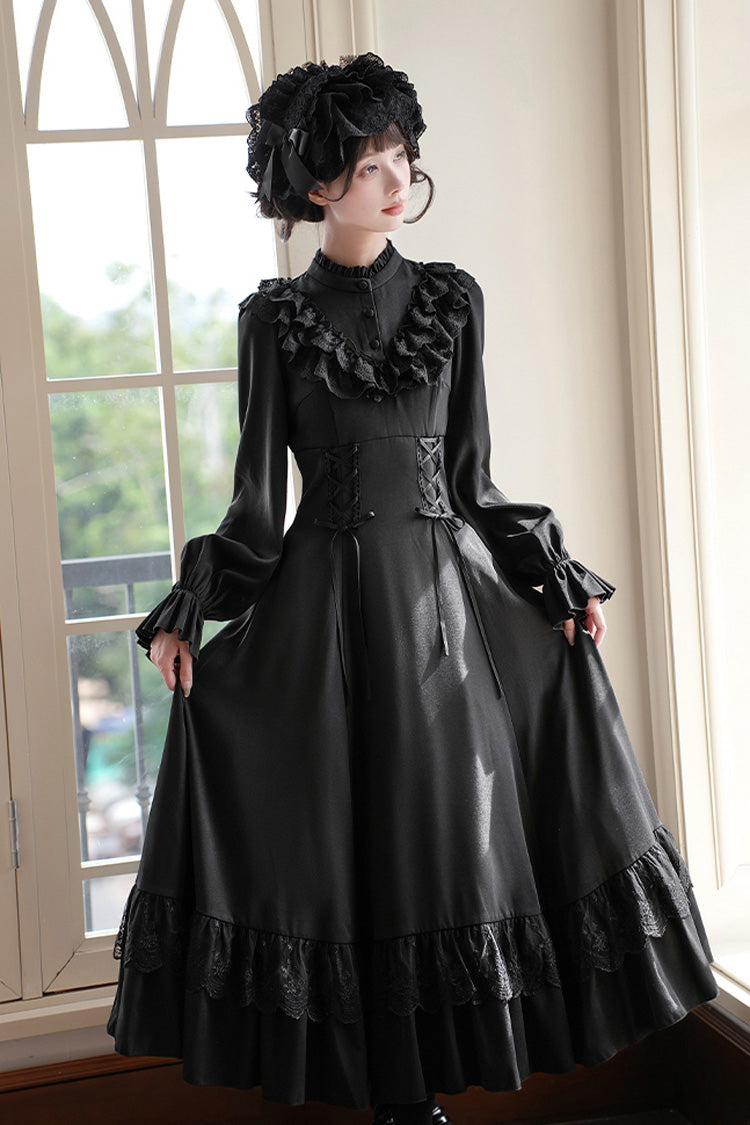Stand Collar Gothic Dress with Long Sleeves and Lace-Up Ruffled Bow - Letters & Poems · Day and Night
