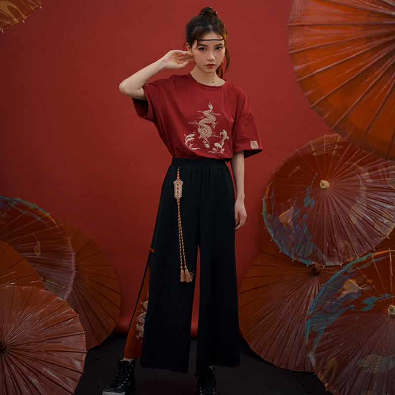 Ensemble t-shirt et pantalon à pompons avec broderie dragon vintage