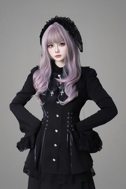 Japanese Jirai Kei Ruffle Dress Set with Flared Sleeves