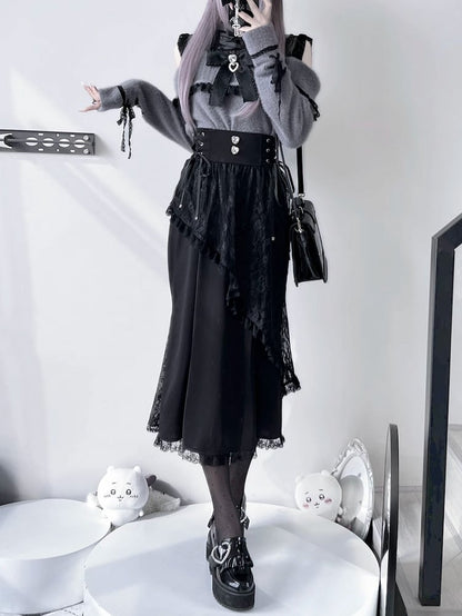 Jirai Kei Grey and Black Illusion Cutout Shoulder Landmine Sweater