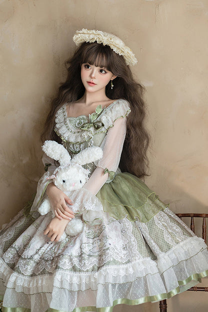 Emerald Lace-Up Bow Lolita OP Dress - Teacup Rabbit