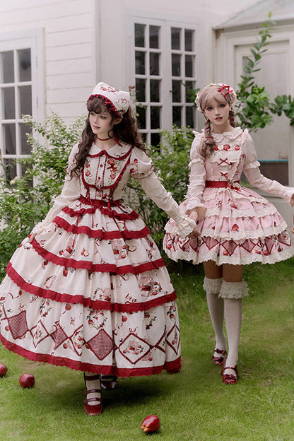 Red Beige Triple-Layer Apple Orchard Print Ruffle Embroidered Long Skirt
