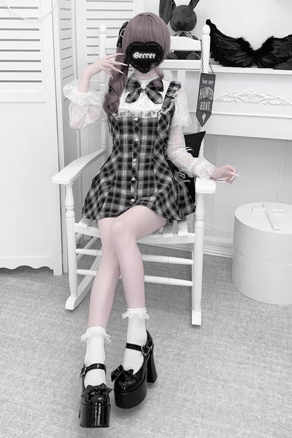 Stand Collar Long Sleeves Ruffled Bow Lace Sweet Japanese Dress Shorts Set