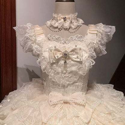 Apricot Butterfly Fabric Bodice Hanayome Tiered Skirt Lolita Hime Dress