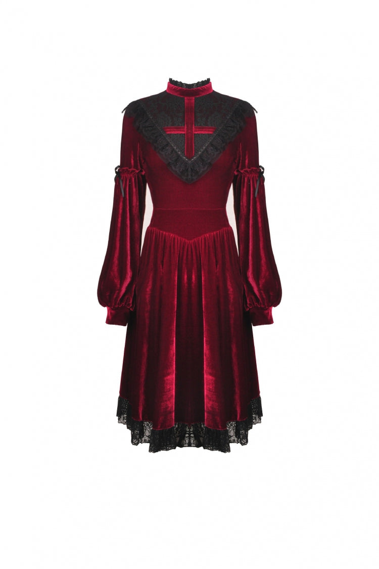 Vintage Long Sleeve Lace Collar Cross Gothic Velvet Dress for Women