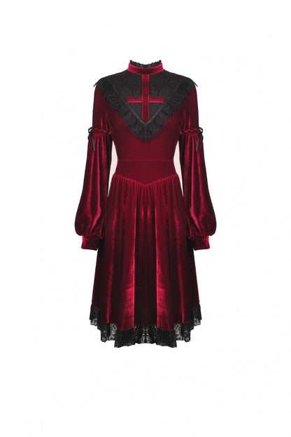 Vintage Long Sleeve Lace Collar Cross Gothic Velvet Dress for Women
