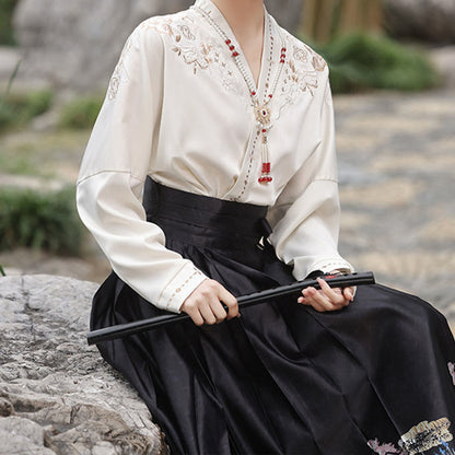 Skirt Shirt Print V-neck Vintage Pleated