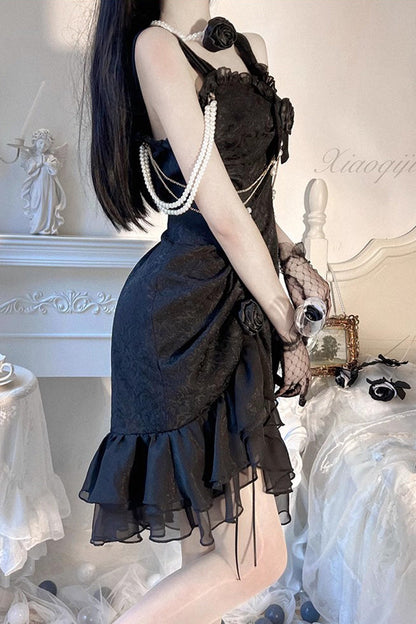 Camellia Rose Asymmetric Ruffled Gothic Chinese Elegant Lolita JSK Dress in Three Colors