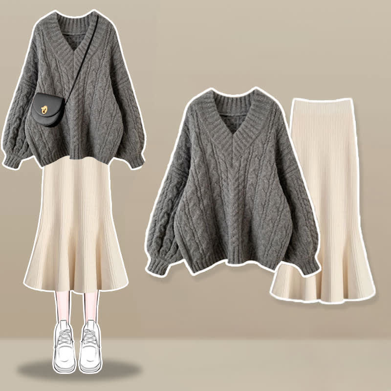 V-neck Cable Sweater Fishtail Skirt Set