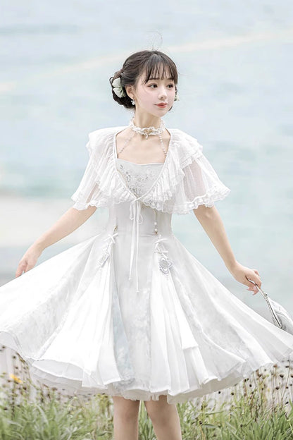 White Summer Dream Lotus Sleeveless Chinese-Style Sweet Qi Lolita JSK Dress
