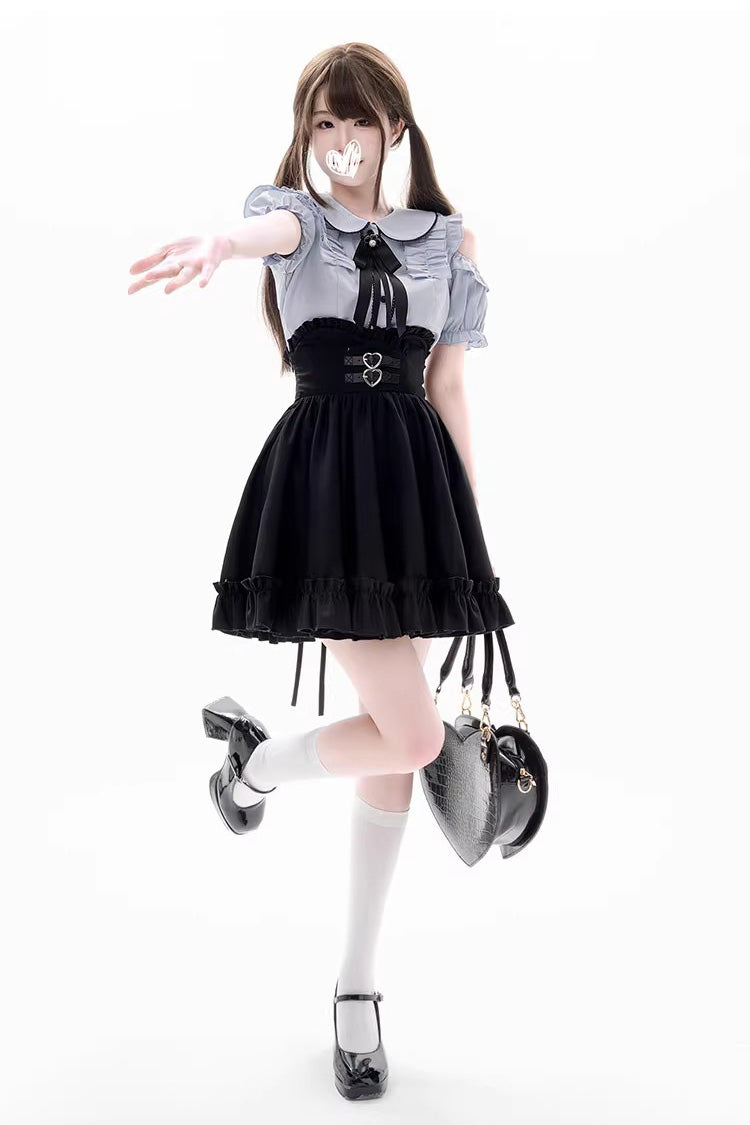 Black Blue Off-Shoulder Short Sleeve Ruffle Bow Set