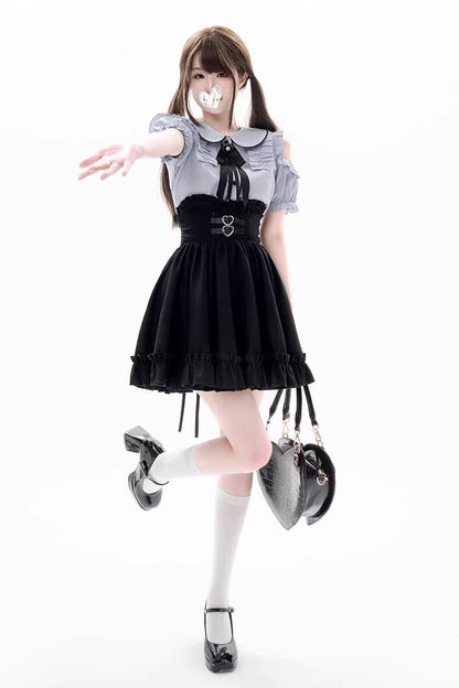 Black Blue Off-Shoulder Short Sleeve Ruffle Bow Set