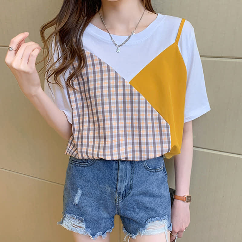 Chic Colorblock Round Collar T-Shirt Pocketed Denim Shorts modakawa